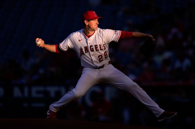 Angels starting pitcher Kyle Hendricks throws to the plate during...