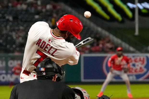 The Angels’ Jo Adell hits a game-tying solo home run...