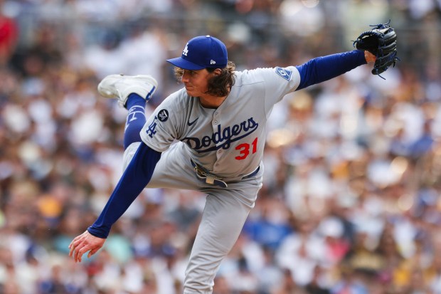 Los Angeles Dodgers’ Tyler Glasnow follows through on a pitch...