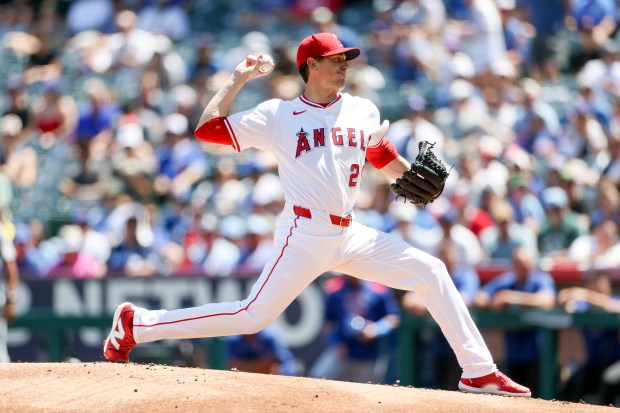 Angels starting pitcher Kyle Hendricks delivers during the first inning...