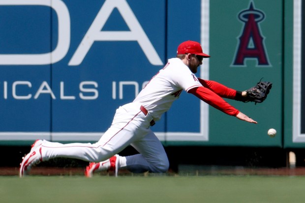 Angels outfielder Taylor Ward misses a catch during the fourth...