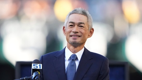 Former Seattle Mariners right fielder Ichiro Suzuki speaks during his jersey retirement ceremony on Saturday, Aug. 9, 2025. (AP)