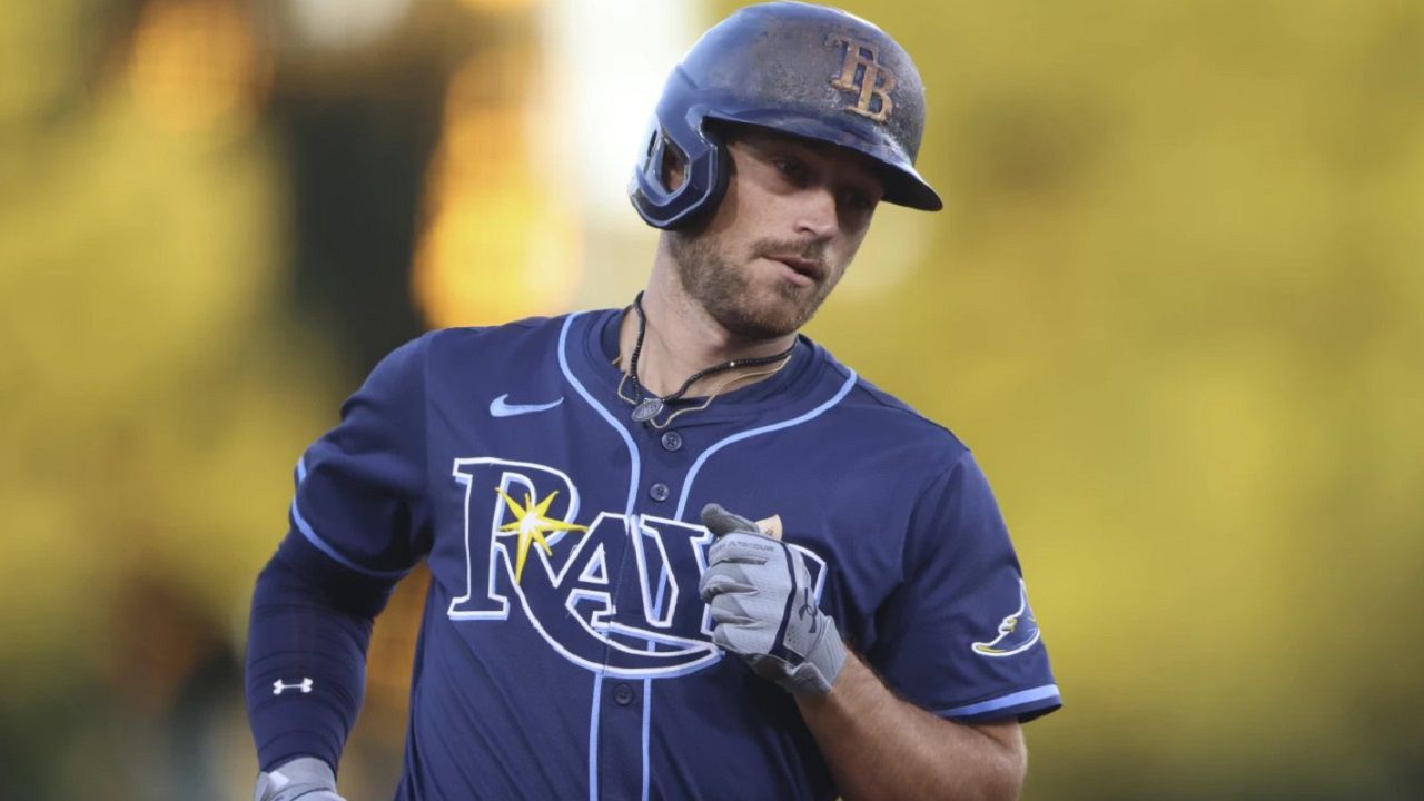 Tampa Bay's Brandon Lowe jogs around the bases after hitting a two-run home run in the second inning of Wednesday night's 8-2 win against the A's. (AP Photo/Scott Marshall)