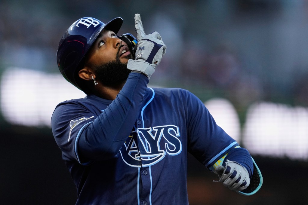 Tampa Bay Rays baseball player looking up.
