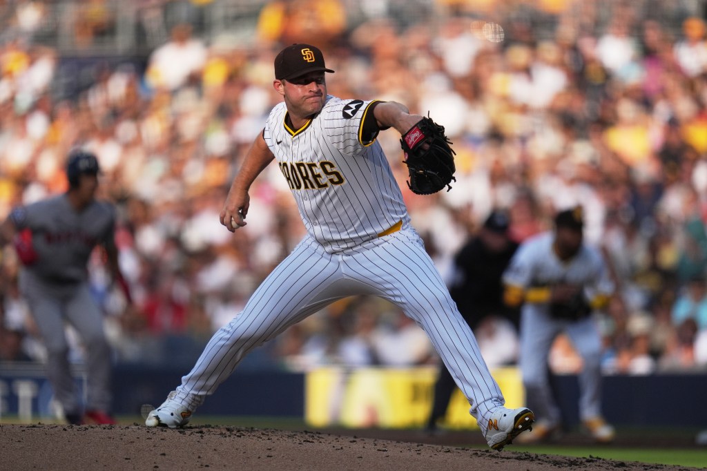 San Diego Padres starting pitcher Michael King works against a Boston Red Sox batter during the second inning of a baseball game Saturday, Aug. 9, 2025, in San Diego.