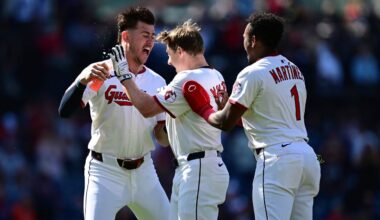 Cleveland Guardians second baseman Brayan Rocchio (4) and left fielder Steven Kwan, right, celebrate after the Guardians defeated the Tampa Bay Rays in a baseball game in Cleveland, Tuesday, Aug. 26, 2025. (AP Photo/Sue Ogrocki)