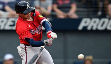 Cleveland Guardians' Jose Ramirez, right, is congratulated by Kyle Manzardo (9) after his home run in the first inning of a baseball game against the Baltimore Orioles in Cleveland, Tuesday, July 22, 2025. (AP Photo/Sue Ogrocki)