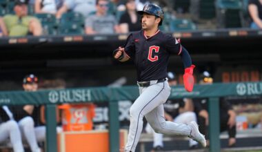 Cleveland Guardians' Steven Kwan runs to score on a single by José Ramírez during the eighth inning of a baseball game against the Chicago White Sox, Saturday, July 12, 2025, in Chicago. (AP Photo/Erin Hooley)