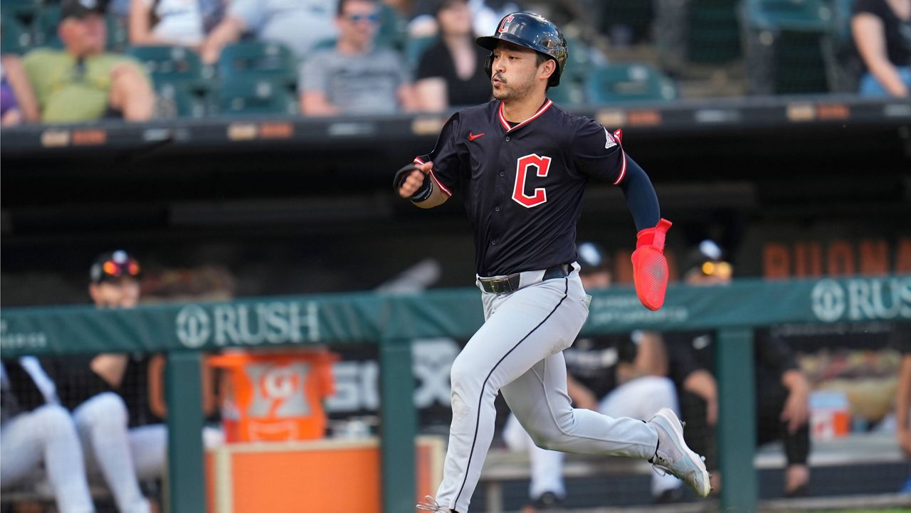 Cleveland Guardians' Steven Kwan runs to score on a single by José Ramírez during the eighth inning of a baseball game against the Chicago White Sox, Saturday, July 12, 2025, in Chicago. (AP Photo/Erin Hooley)