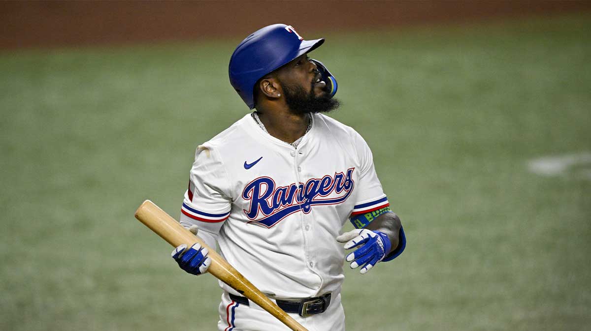 Texas Rangers right fielder Adolis Garcia (53) reacts to striking out against the Arizona Diamondbacks during the second inning at Globe Life Field.