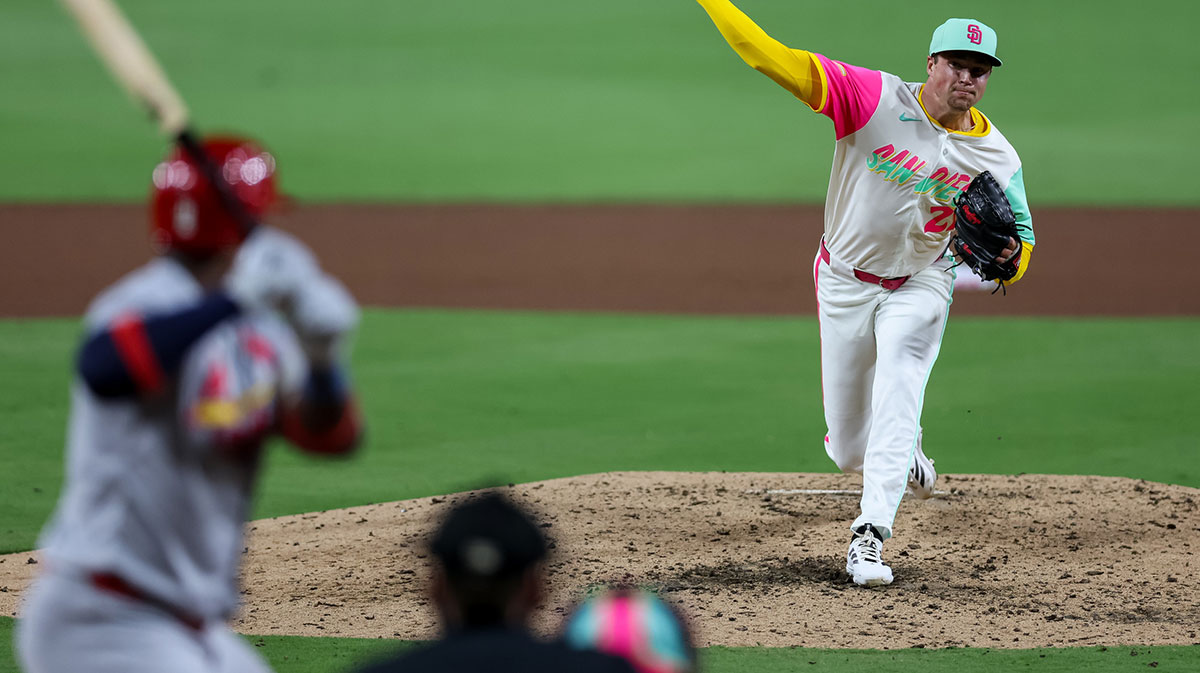 San Diego Padres pitcher Mason Miller (22) pitches during the eighth inning against the St. Louis Cardinals at Petco Park. Mandatory Credit: Chadd Cady-Imagn Images