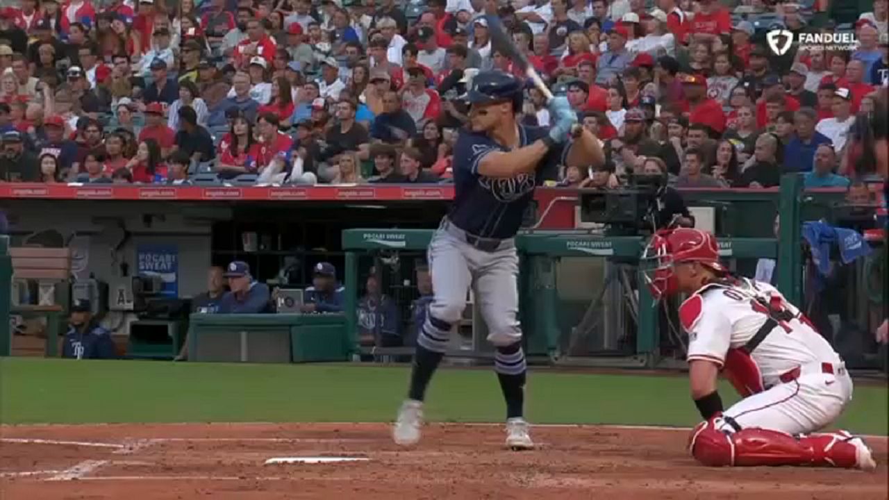 Jake Mangum had a two-run single during the Tampa Bay Rays’ seven-run fourth inning in a 7-3 victory over the Los Angeles Angels on Tuesday night. (Spectrum News)
