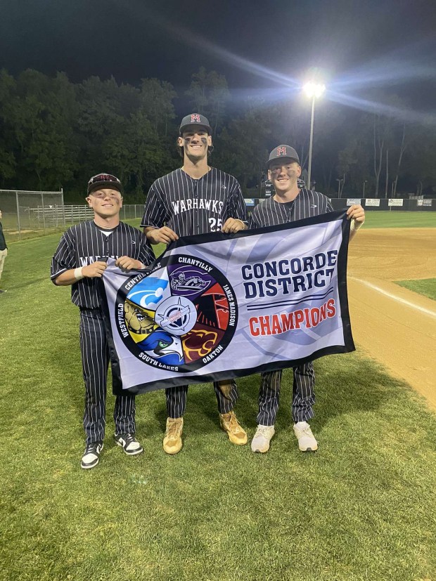 Ryan Halloran, Bryce Eldridge and Jason Cassidy at Madison after clinching the district title in 2023 for James Madison High of Vienna, Virginia. (Photo courtesy of Beth Halloran)
