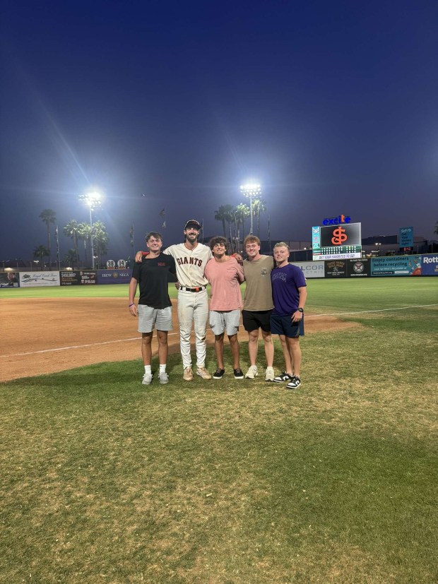 San Francisco Giants prospect Bryce Eldridge with friends after a 2024 Single-A San Jose Giants game. (Photo courtesy of Beth Halloran)