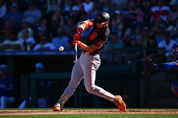 San Francisco Giants' Bryce Eldridge (88) connects for a two-run home run against the Texas Rangers in the ninth inning of a spring training baseball game at Surprise Stadium in Surprise, Arizona on Saturday, Feb. 22, 2025. The San Francisco Giants defeated the Texas Rangers 6-1. (Jose Carlos Fajardo/Bay Area News Group)