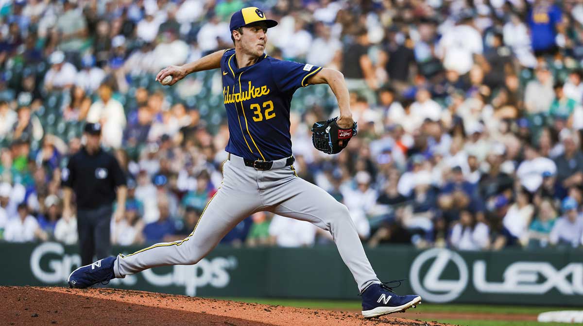 Milwaukee Brewers starting pitcher Jacob Misiorowski (32) throws against the Seattle Mariners during the third inning at T-Mobile Park.