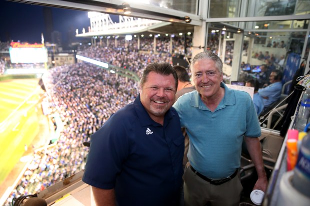 Cubs radio broadcasters Ron Coomer (left) and Pat Hughes during a game at Wrigley Field on Sept. 15, 2016. (Chris Sweda/Chicago Tribune)