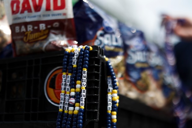 Milwaukee Brewers beads are sold outside of Wrigley Field before the Chicago Cubs game against the Milwaukee Brewers on Monday, Aug. 18, 2025. (Eileen T. Meslar/Chicago Tribune)