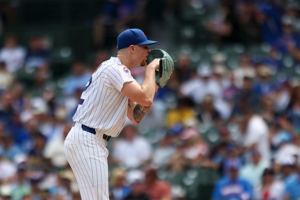 Chicago Cubs pitcher Cade Horton (22) pitches during the first inning against the Milwaukee Brewers at Wrigley Field on Monday, Aug. 18, 2025. (Eileen T. Meslar/Chicago Tribune)