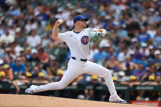Chicago Cubs pitcher Cade Horton (22) pitches during the first inning against the Milwaukee Brewers at Wrigley Field on Monday, Aug. 18, 2025. (Eileen T. Meslar/Chicago Tribune)