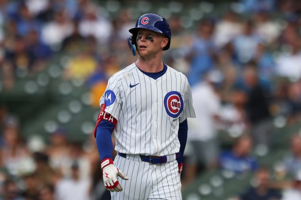 Chicago Cubs outfielder Pete Crow-Armstrong (4) walks to the dugout after striking out during the ninth inning against the Milwaukee Brewers at Wrigley Field on Monday, Aug. 18, 2025. (Eileen T. Meslar/Chicago Tribune)