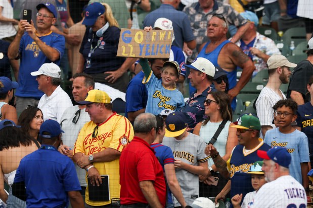 A Milwaukee Brewers fan celebrates the Brewers 7-0 win over the Chicago Cubs at Wrigley Field on Monday, Aug. 18, 2025. (Eileen T. Meslar/Chicago Tribune)