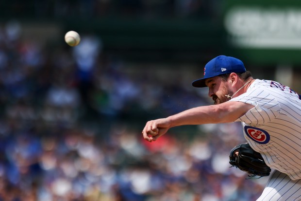 Chicago Cubs pitcher Luke Little pitches during the sixth inning against the Milwaukee Brewers at Wrigley Field on Monday, Aug. 18, 2025. (Eileen T. Meslar/Chicago Tribune)