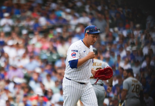 Chicago Cubs pitcher Javier Assad (72) walks off the field after getting three outs during the first inning against the Pittsburgh Pirates at Wrigley Field on Sunday, Aug. 17, 2025. (Eileen T. Meslar/Chicago Tribune)