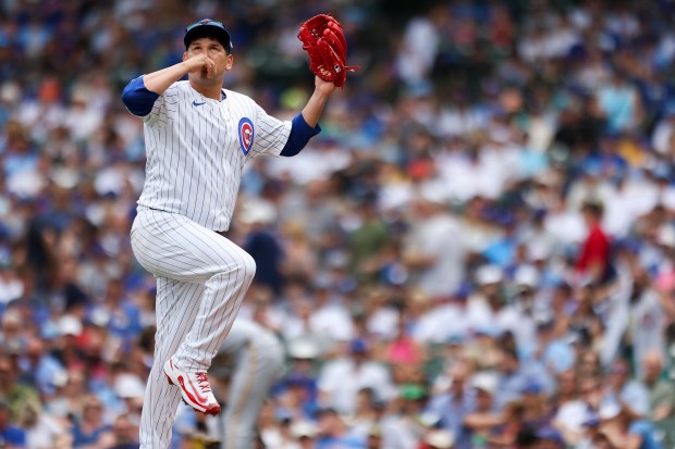 Chicago Cubs pitcher Javier Assad (72) looks up as he walks off the field after getting out of the second inning against the Pittsburgh Pirates at Wrigley Field on Sunday, Aug. 17, 2025. (Eileen T. Meslar/Chicago Tribune)