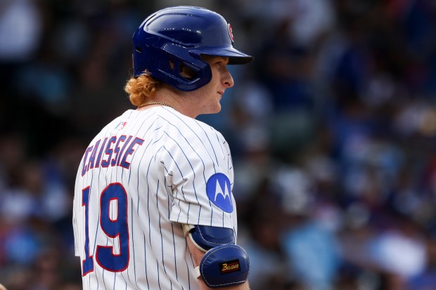 Chicago Cubs outfielder Owen Caissie (19) in his first at-bat at Wrigley Field during the seventh inning against the Pittsburgh Pirates on Sunday, Aug. 17, 2025. (Eileen T. Meslar/Chicago Tribune)