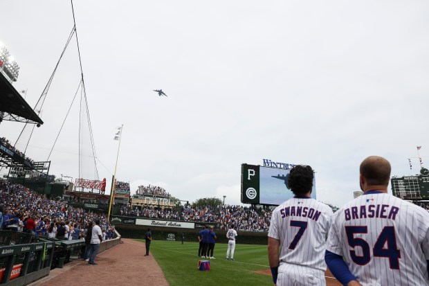 A plane flies over Wrigley Field before the Chicago Cubs game against the Pittsburgh Pirates on Sunday, Aug. 17, 2025. (Eileen T. Meslar/Chicago Tribune)