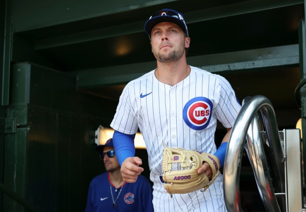 Chicago Cubs second baseman Nico Hoerner steps out of the dugout to face the Cincinnati Reds Wednesday, Aug. 6, 2025, at Wrigley Field. (Brian Cassella/Chicago Tribune)