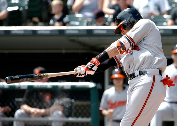 Baltimore Orioles' Manny Machado hits a two-run home run against the Chicago White Sox during the first inning of a baseball game in Chicago, on Aug. 7, 2016. (Nam Y. Huh/AP)