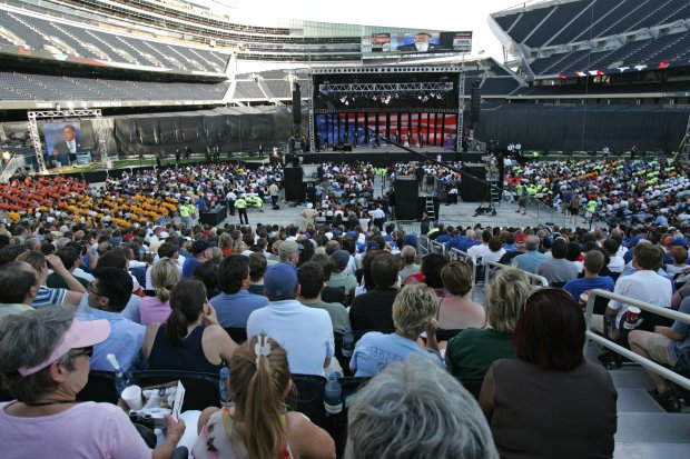 Seven Democratic presidential candidates hold a forum at Soldier Field on Aug. 7, 2007. (Charles Cherney/Chicago Tribune)