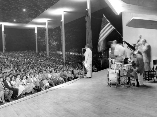 Louis Armstrong and his All Stars perform to an overflow crowd at Ravinia Festival in Highland Park on July 16, 1956. (William Yates/Chicago Tribune)