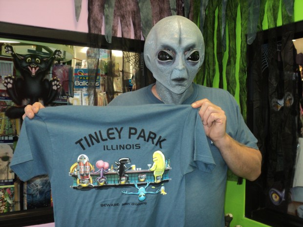 Party Fortress, of Tinley Park, celebrated the anniversary of the "Tinley Park Lights" UFO occurrence with a commemorative T-shirt in 2015. (Julie Dekker/Daily Southtown)