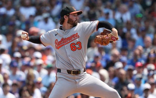 Baltimore Orioles pitcher Brandon Young delivers to the Chicago Cubs in the first inning Sunday, Aug. 3, 2025, at Wrigley Field. (Brian Cassella/Chicago Tribune)