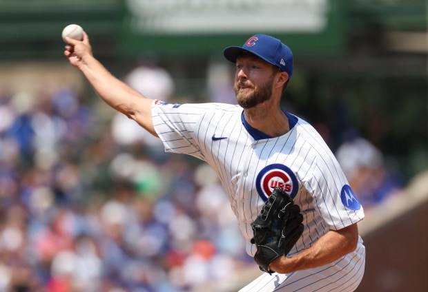 Chicago Cubs pitcher Colin Rea delivers to the Baltimore Orioles in the second inning Sunday, Aug. 3, 2025, at Wrigley Field. (Brian Cassella/Chicago Tribune)