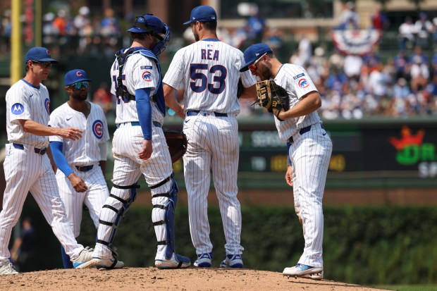 Chicago Cubs pitcher Colin Rea (53) leaves the game in the fifth inning Sunday, Aug. 3, 2025, at Wrigley Field. (Brian Cassella/Chicago Tribune)