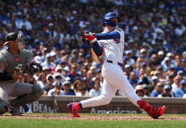 Chicago Cubs outfielder Pete Crow-Armstrong strikes out in the fifth inning against the Baltimore Orioles on Sunday, Aug. 3, 2025, at Wrigley Field. (Brian Cassella/Chicago Tribune)