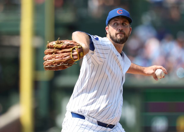 Chicago Cubs pitcher Drew Pomeranz delivers to the Baltimore Orioles in the sixth inning Sunday, Aug. 3, 2025, at Wrigley Field. (Brian Cassella/Chicago Tribune)