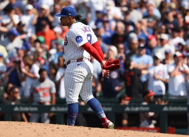 Chicago Cubs pitcher Daniel Palencia reacts after blowing the save against the Baltimore Orioles in the ninth inning Sunday, Aug. 3, 2025, at Wrigley Field. (Brian Cassella/Chicago Tribune)