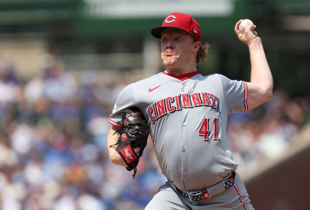 Cincinnati Reds pitcher Andrew Abbott delivers to the Chicago Cubs in the second inning Wednesday, Aug. 6, 2025, at Wrigley Field. (Brian Cassella/Chicago Tribune)