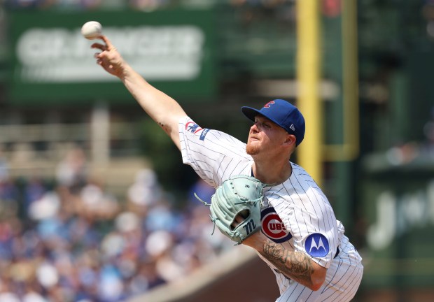 Chicago Cubs pitcher Cade Horton delivers to the Cincinnati Reds in the third inning Wednesday, Aug. 6, 2025, at Wrigley Field. (Brian Cassella/Chicago Tribune)