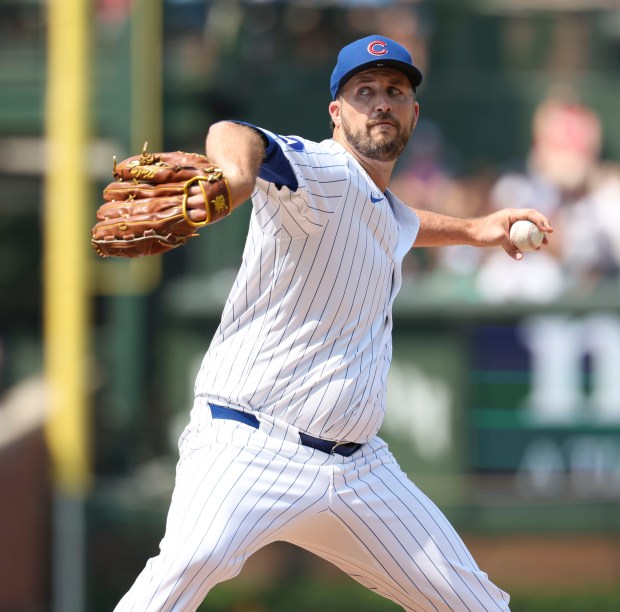 Chicago Cubs pitcher Drew Pomeranz delivers to the Cincinnati Reds in the sixth inning Wednesday, Aug. 6, 2025, at Wrigley Field. (Brian Cassella/Chicago Tribune)
