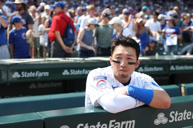 Chicago Cubs designated hitter Seiya Suzuki watches from the dugout during the game against the Cincinnati Reds on Wednesday, Aug. 6, 2025, at Wrigley Field. (Brian Cassella/Chicago Tribune)