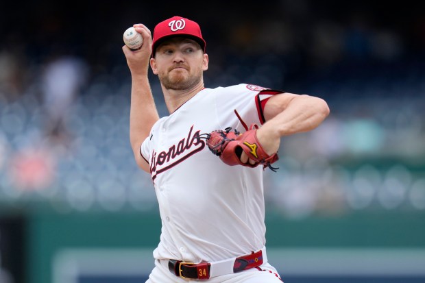 Michael Soroka of the Nationals pitches against the Reds on July 23, 2025, in Washington. (Jess Rapfogel/Getty Images)