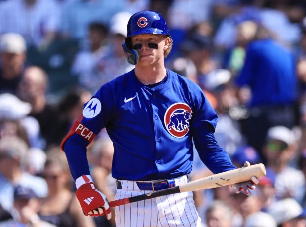 The Cubs' Pete Crow-Armstrong strikes out during the seventh inning against the Orioles on Aug. 2, 2025, at Wrigley Field. (Geoff Stellfox/Getty Images)