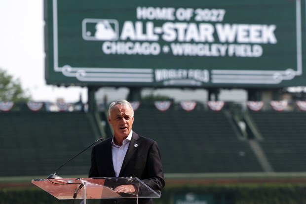 MLB Commissioner Rob Manfred announces that Wrigley Field will host the 2027 All-Star Game during a ceremony on Aug. 1, 2025. (Eileen T. Meslar/Chicago Tribune)