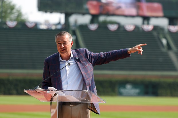 Chairman of the Chicago Cubs Tom Ricketts speaks at Wrigley...